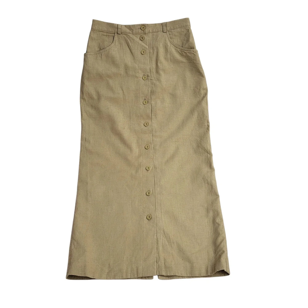 Cotton Club 70s Maxi Skirt Vintager Khaki Buttoned Skirt Women's Size M 10 W28
