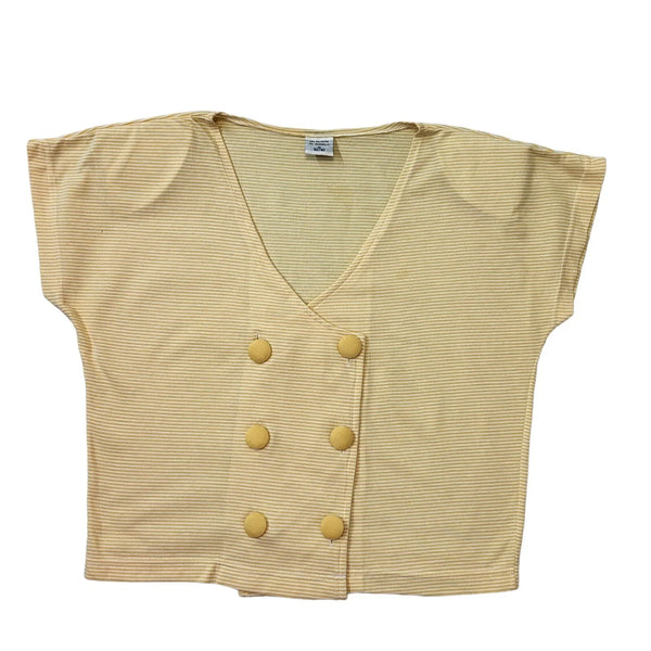 80s Vintage Yellow Striped Short Sleeve Button-Up Blouse Women's M