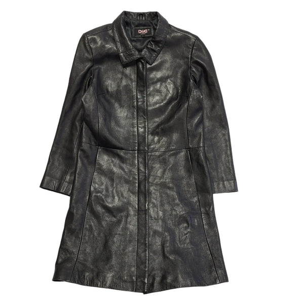 Dig Vintage 90's Long Black Leather Button Up Jacket Women's UK Size L