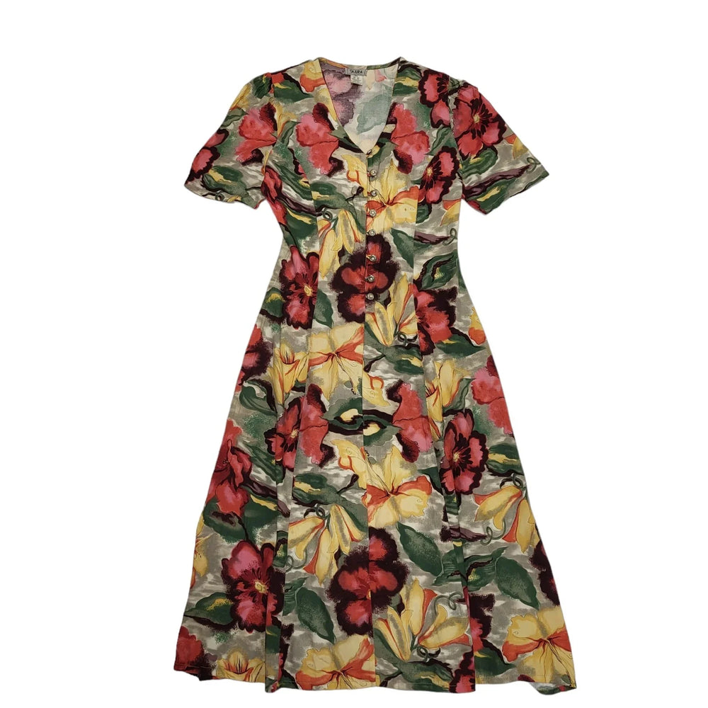 Tajura 80s Vintage Floral Multicoloured Buttoned A-Line Daywear Dress Women's 10