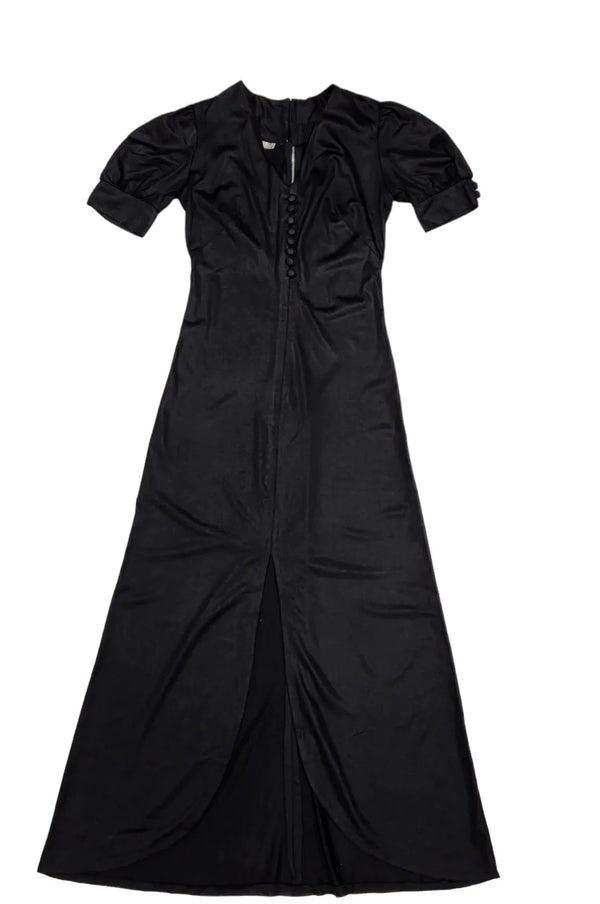70s Vintage Black V-Neck Button Front Split Maxi Dress Women's Size 8