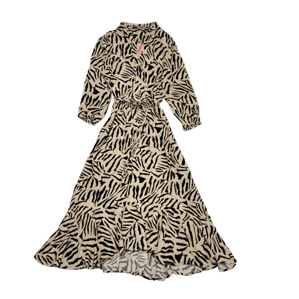 Oasis Beige Black Print V-Neck Summer Dress Women's UK S 8 K941