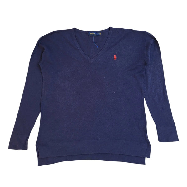 Polo Ralph Lauren Blue Y2K V-Neck Long Sleeve Jumper UK Women's Size L
