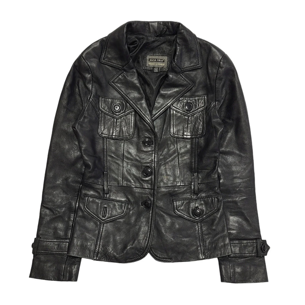 Avia Trix Black Button Leather Collared Jacket UK Women's Small H721