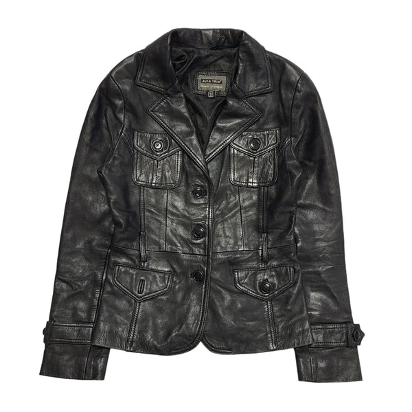Avia Trix Black Button Leather Collared Jacket UK Women's Small H721