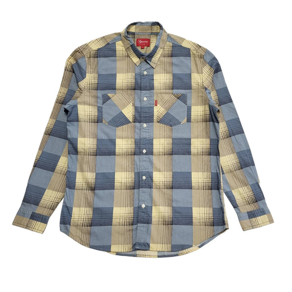 Supreme Y2K Vintage Blue & Beige Checked Long Sleeve Shirt Mens UK Size L