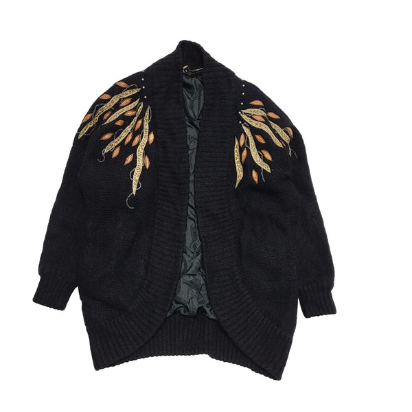 Bruna Cavvalini Black Floral Knit Open Front Wool Cardigan Women's UK 16 H990
