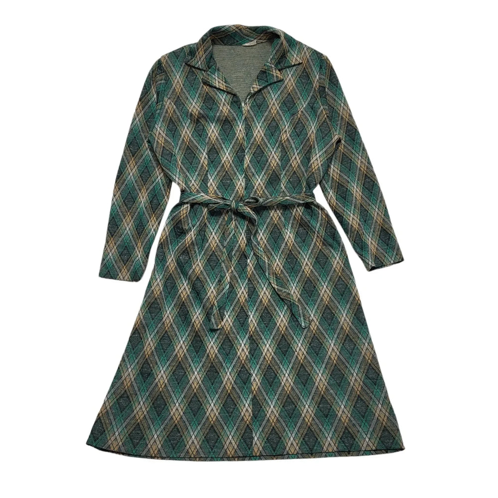 Vintage Green Check Long Sleeve Shirt Dress Women's UK 18 CC837