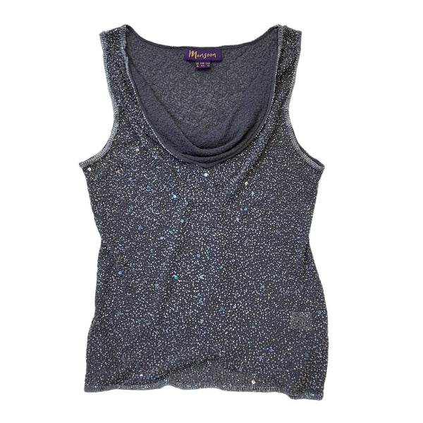 Monsoon 90s Vintage Grey Cowl Neck Beaded Sequin Vest Top Women's UK Size 16