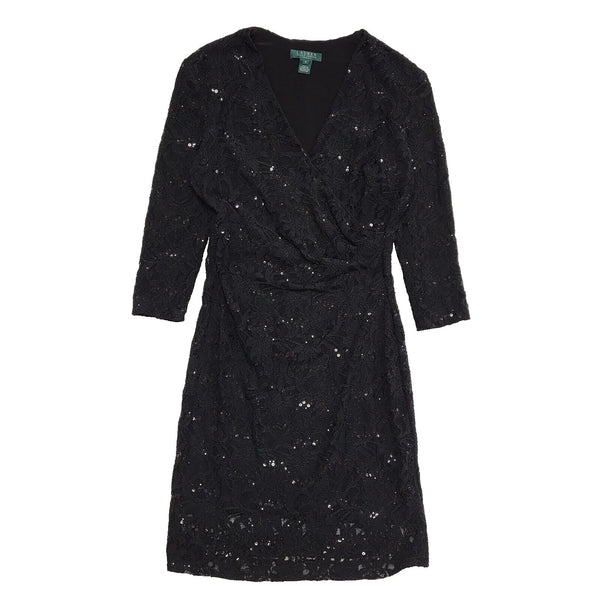 Ralph Lauren Black Long Sleeve Sequin Lace Dress Uk Women's Size 10 L307