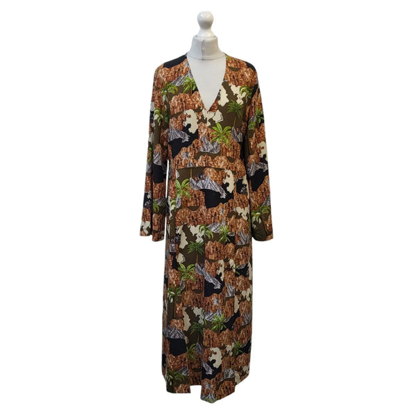 Monki Brown & Green Long Sleeve V-Neck Dress Uk Women's Size M Bnwt EE422