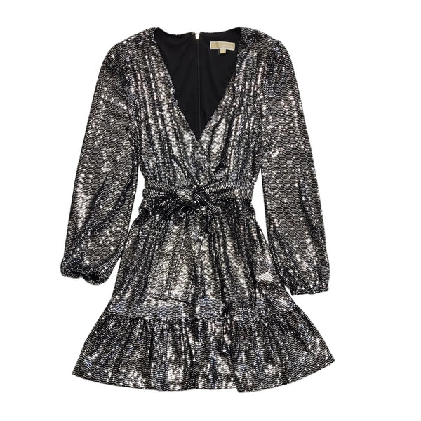 Michael Kors Silver Long Sleeve Sequin Wrap Dress Women's Size Medium DD284
