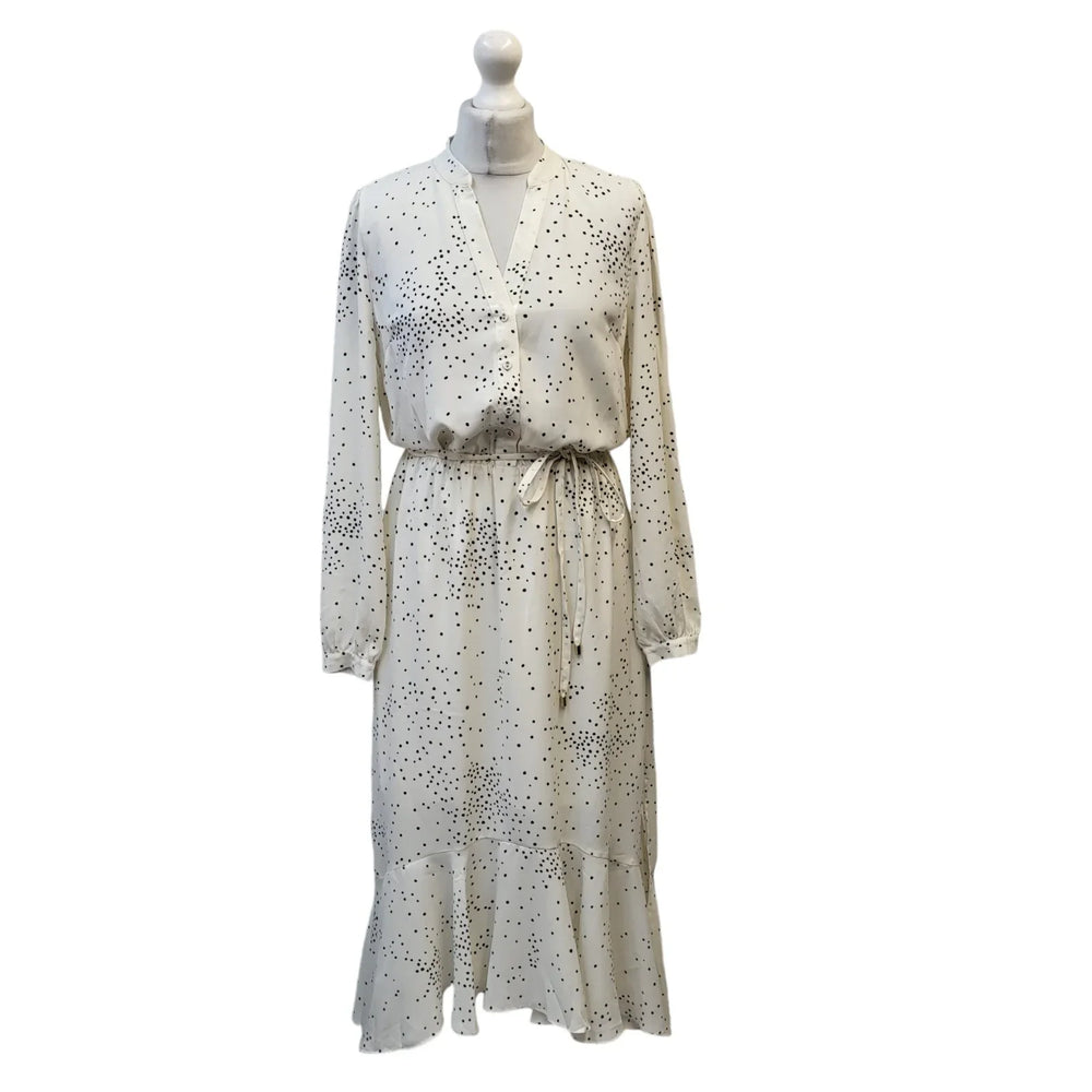 Oasis White Polka Long Sleeve V-Neck Dress Uk Women's Size 10 Bnwt EE418