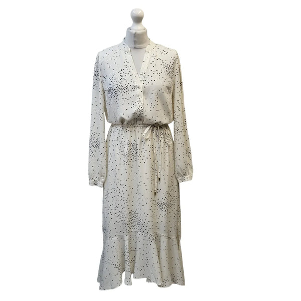 Oasis White Polka Long Sleeve V-Neck Dress Uk Women's Size 10 Bnwt EE418