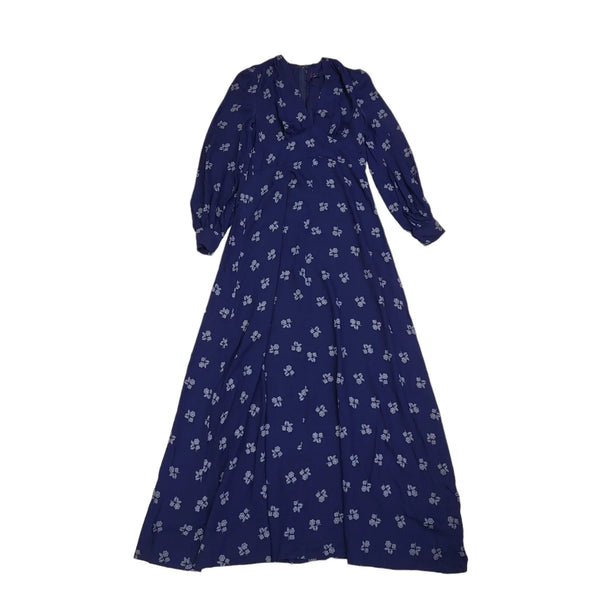 70s Vintage Navy & White V-Neck Long Sleeved Maxi Dress Women's 10