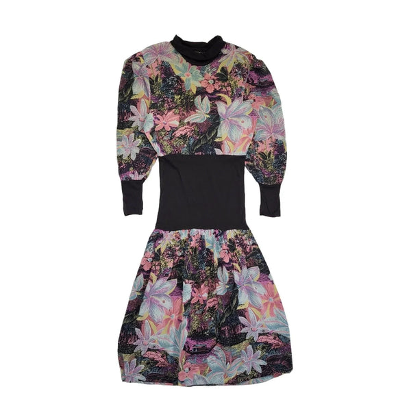 80s Vintage Floral Drop Waist Dress Women's Size 8