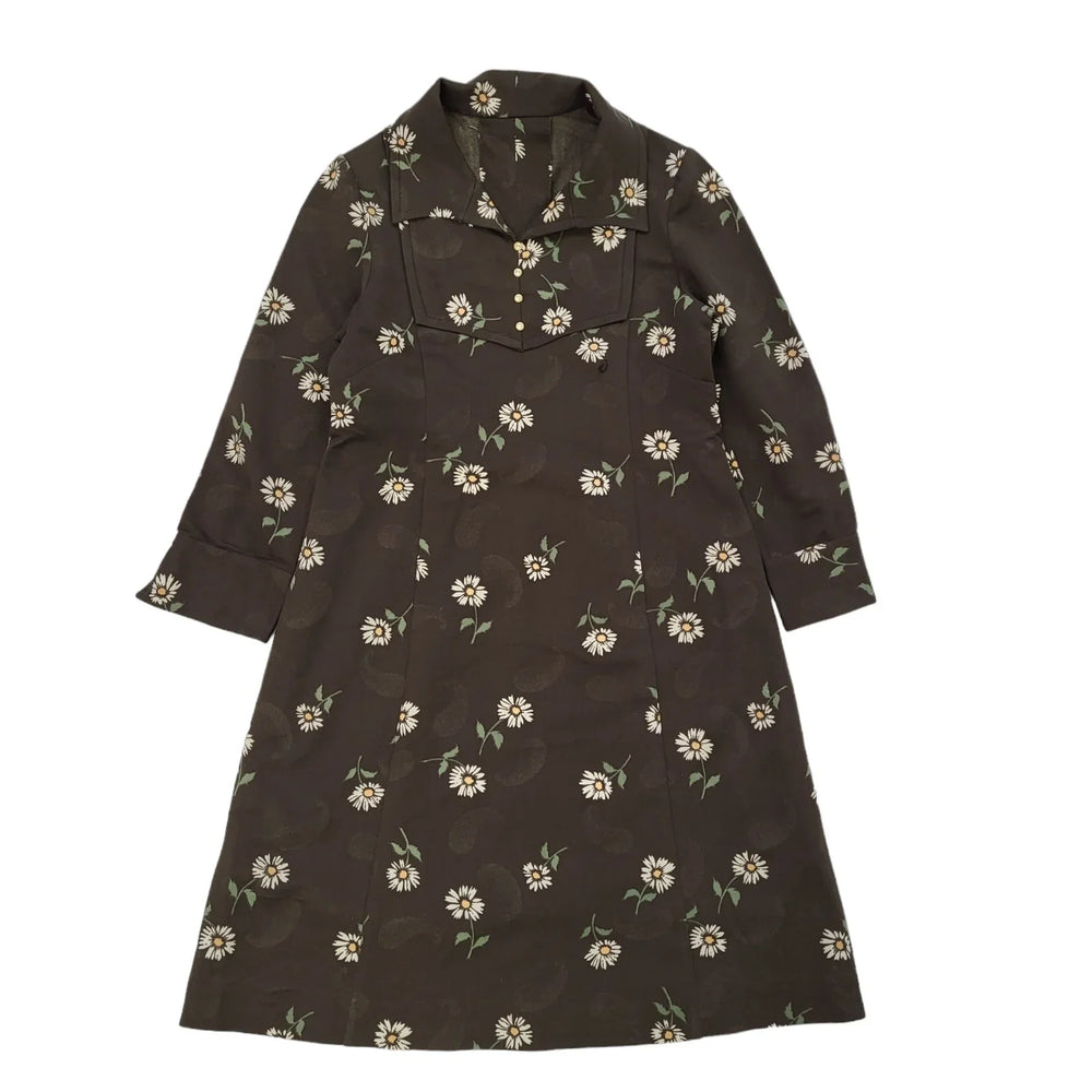 70s Vintage Brown & White Daisy Collared Shift Dress Women's 8