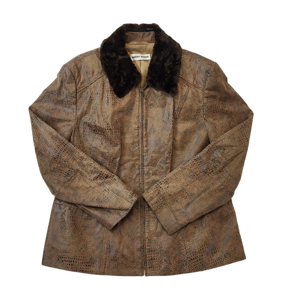 Gerry Weber 90s Brown Zip Up Leather Jacket Faux Fur Collar Women's Size 18