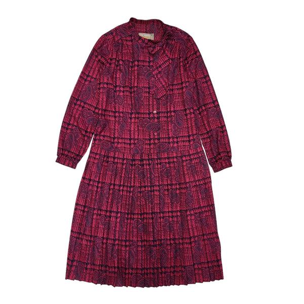 Lazarus Of London 80s Vintage Pink Paisley Bow Neck Pleated Dress Women's 16
