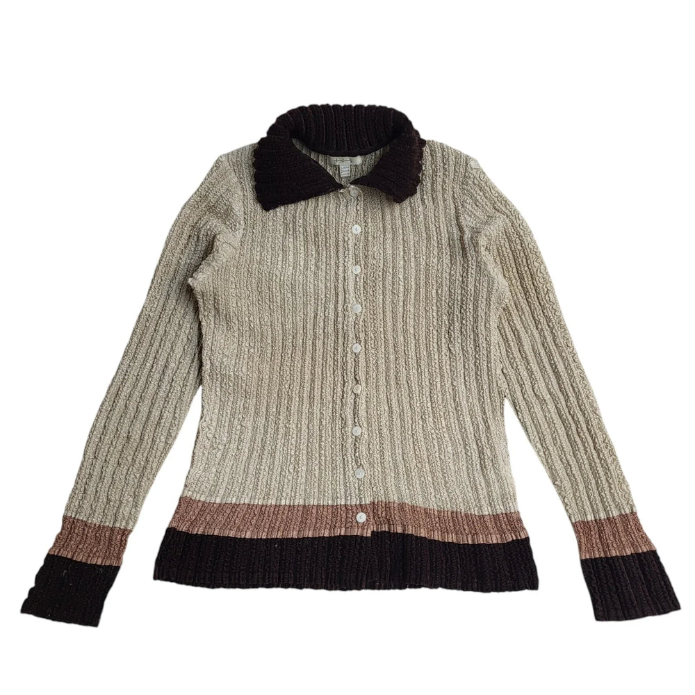 Un Deux Trois Vintage 80s Beige & Brown Crinkled Cardigan UK Women's Size M