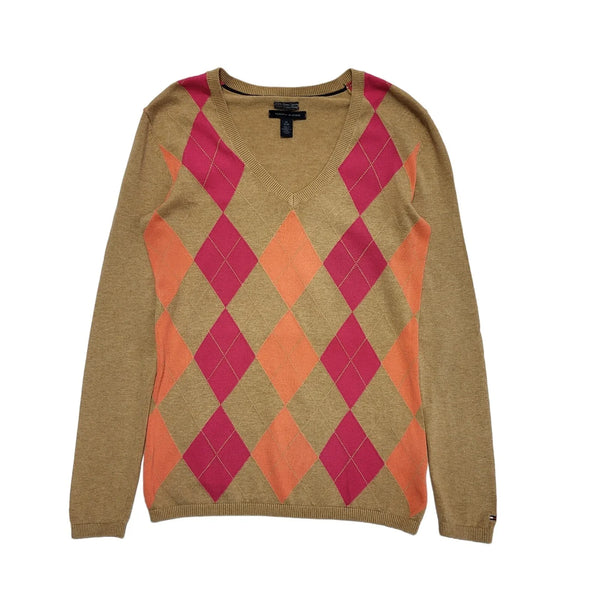 Tommy Hilfiger Y2k Brown Pink V-Neck Thin Knit Jumper Uk Women's Size XS