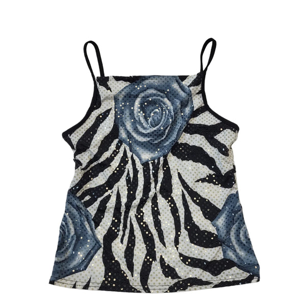 90s Vintage Black & White Floral Sequin Strap Vest Party Top Women's UK Size 10