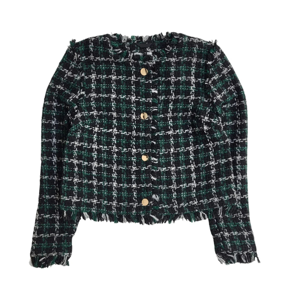 Warehouse Modern Green & Black Checked Button Front Jacket UK Women's Size 8