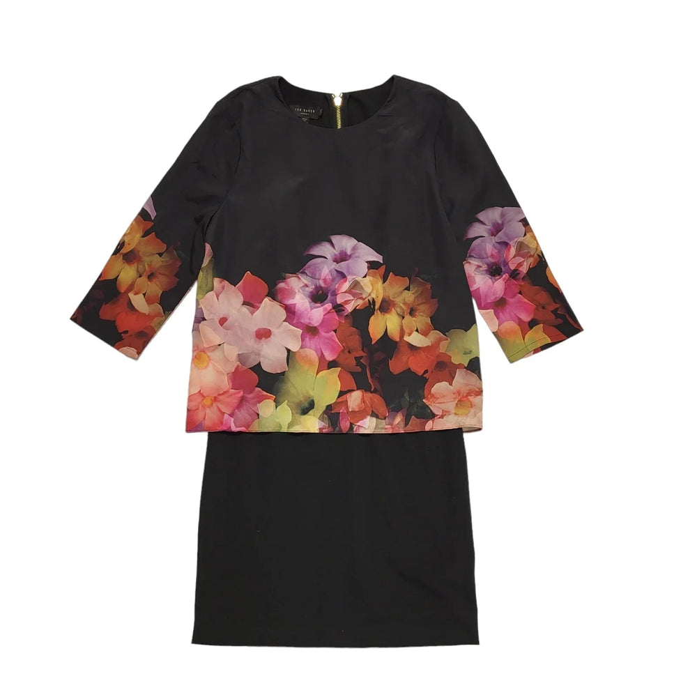 Ted Baker Black Floral Bodycon 3/4 Sleeve Dress UK Women's S BB718