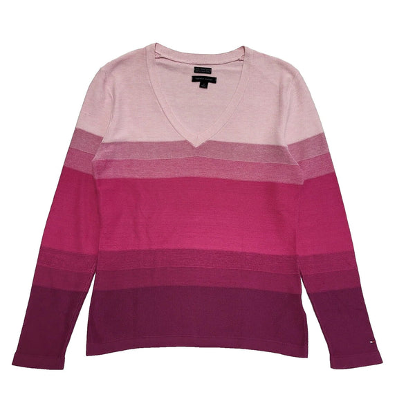 Tommy Hilfiger Pink Stripe V-Neck Long Sleeve Jumper UK Women's M L214