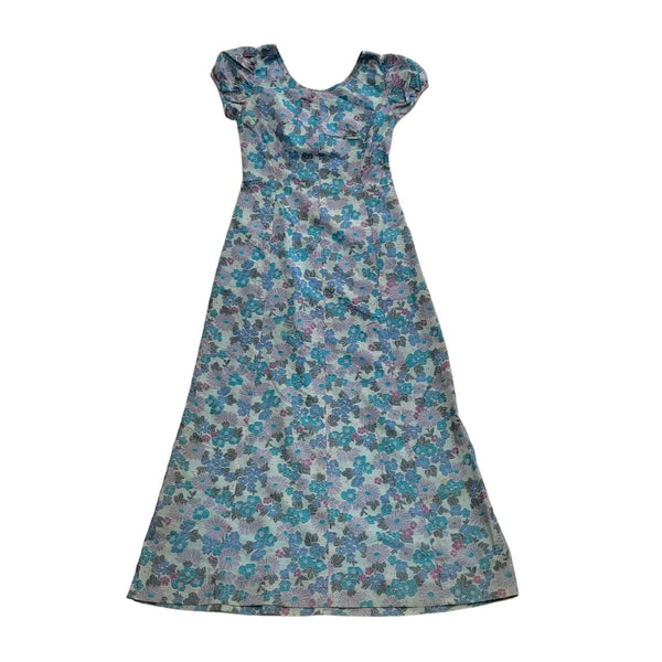 Vintage 70s Blue Purple Floral Short Sleeve A-Line Dress Uk Women's Size 10