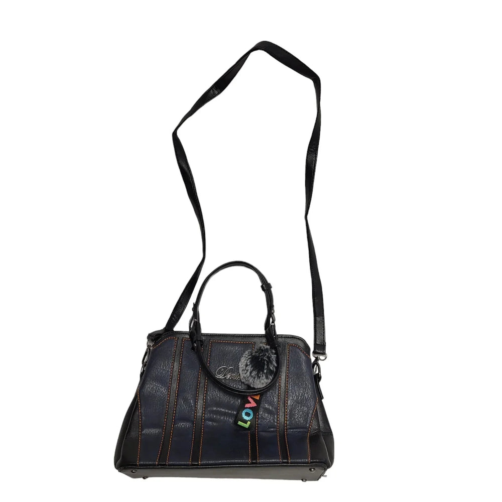 Denise Vintage Black Blue Leather Hand Bag / Shoulder Bag Uk Women's 8.5" x 11"