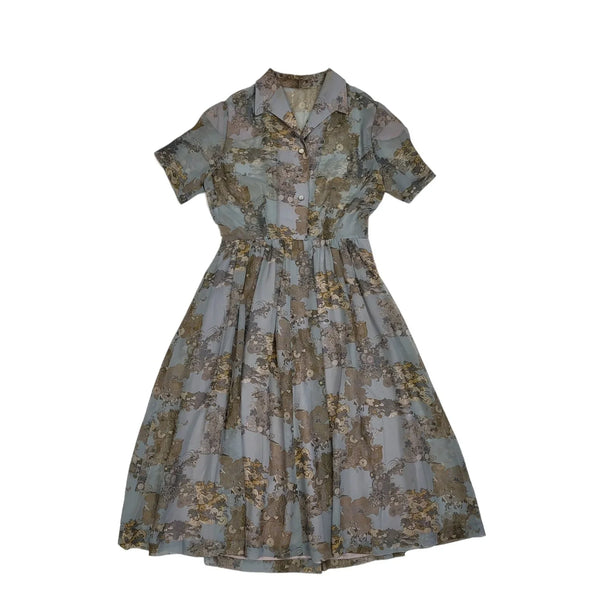70s Vintage Green Sheer Collared Fit & Flare Dress Women's M