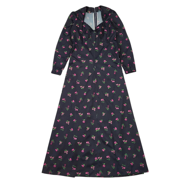 70s Vintage Black & Pink Floral Maxi Dress Women's Size 16 Eu 44
