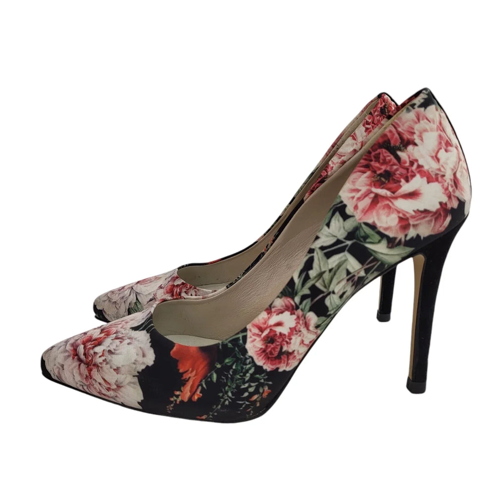 Karen Millen Black Pink Slip-On Floral Heel Shoes Uk Women's Size 5 (38)