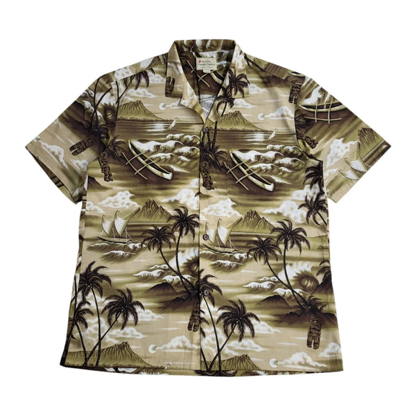 Royal Hawaiian Palm Tree Print Brown Short Sleeve Shirt Men's UK Size L