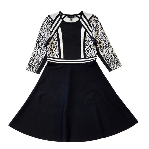 Karen Millen Black White 3/4 Sleeve Round Neck Dress Uk Women's M G610