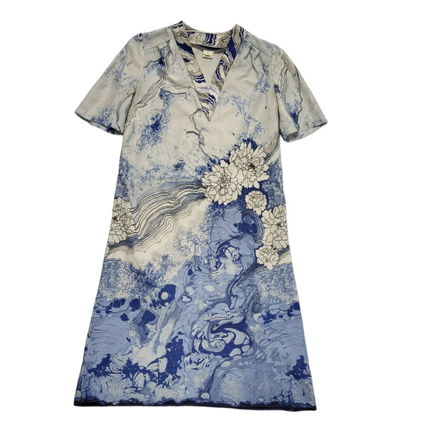 70s Vintage White & Blue Floral & Marble V-Neck Shift Dress Women's 12