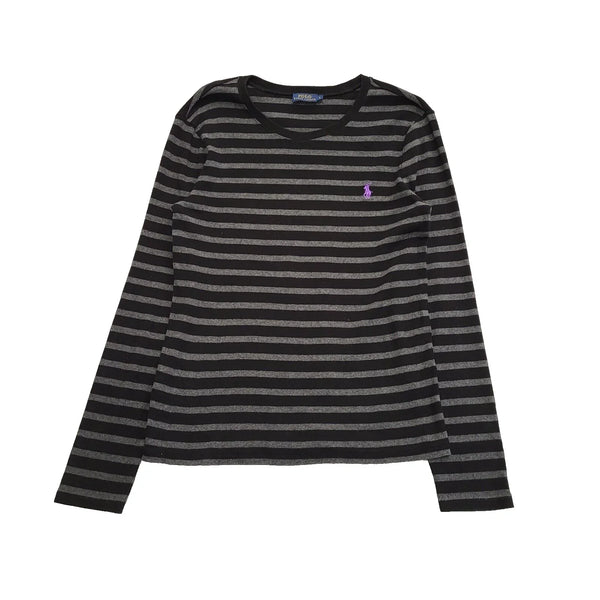 Polo Ralph Lauren Black Grey Striped Round Neck Jumper Uk Women's Size L CC175