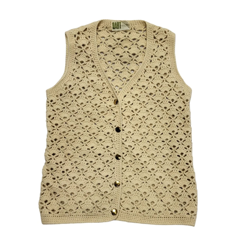 Dart 80s Vintage Beige V-Neck Knitted Sleeveless Top Uk Women's Size 12/14