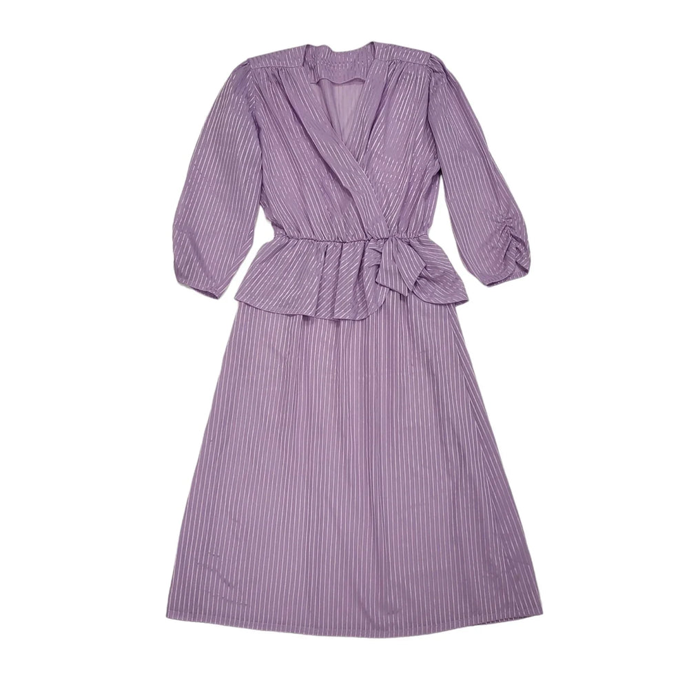 80s Vintage Lilac Striped V-Neck Peplum Evening Dress Women's 10