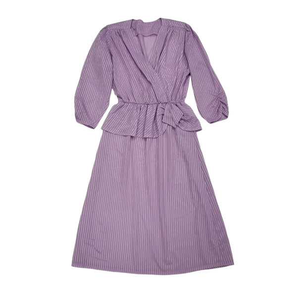 80s Vintage Lilac Striped V-Neck Peplum Evening Dress Women's 10