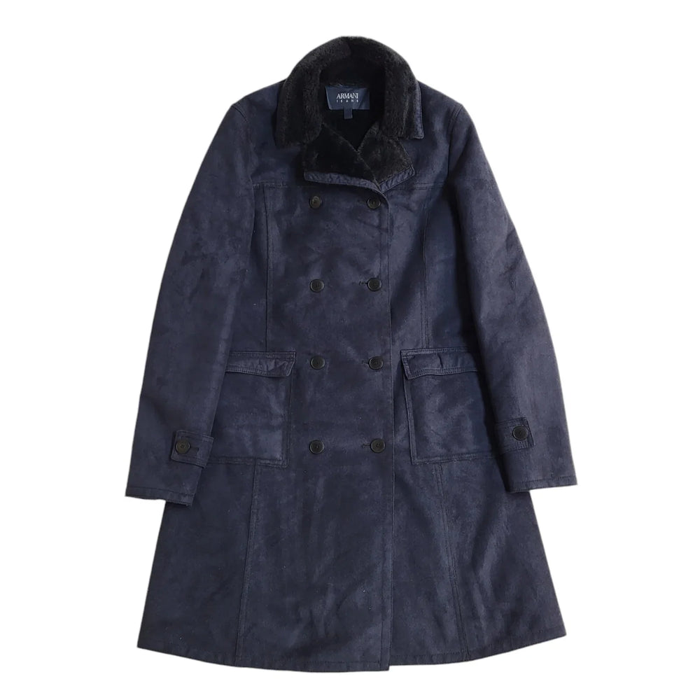 Armani Jeans Navy Blue Button Faux Fur Coat UK Women's Small EE886