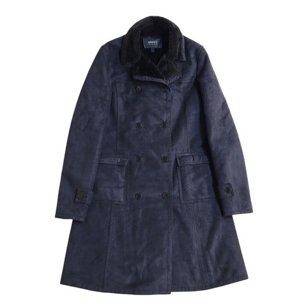 Armani Jeans Navy Blue Button Faux Fur Coat UK Women's Small EE886