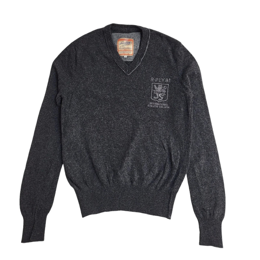 Replay Vintage 90's Dark Grey V-Neck Jumper UK Men's Size Small