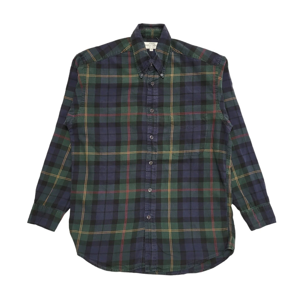Marks & Spencer Vintage 90s Blue Green Check Long Sleeve Shirt Uk Men's Size S