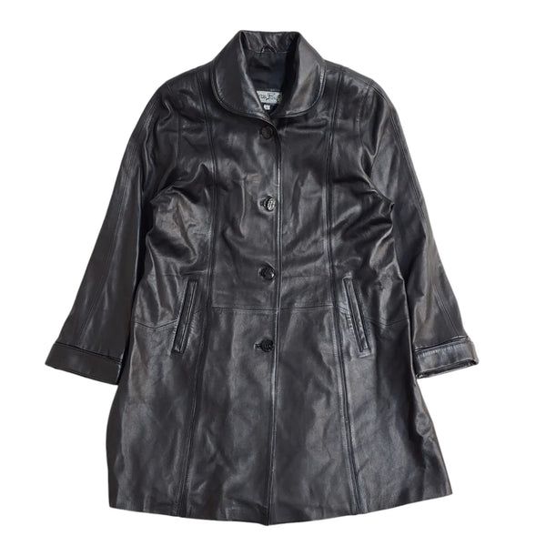 Jean Paul Vintage Black Button Leather Coat UK Women's Medium EE887