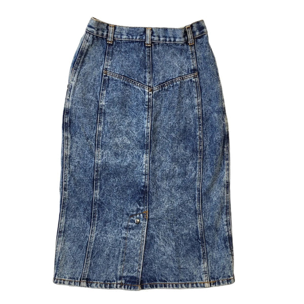 Walker Wear 80s Vintage Blue Acid Wash Midi Denim Skirt Women's Size 8 EU 36 W26