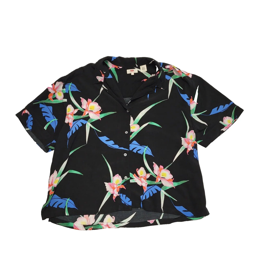 Levi's Black Pink Blouse Floral Short Sleeve Uk Women's Size XL L539
