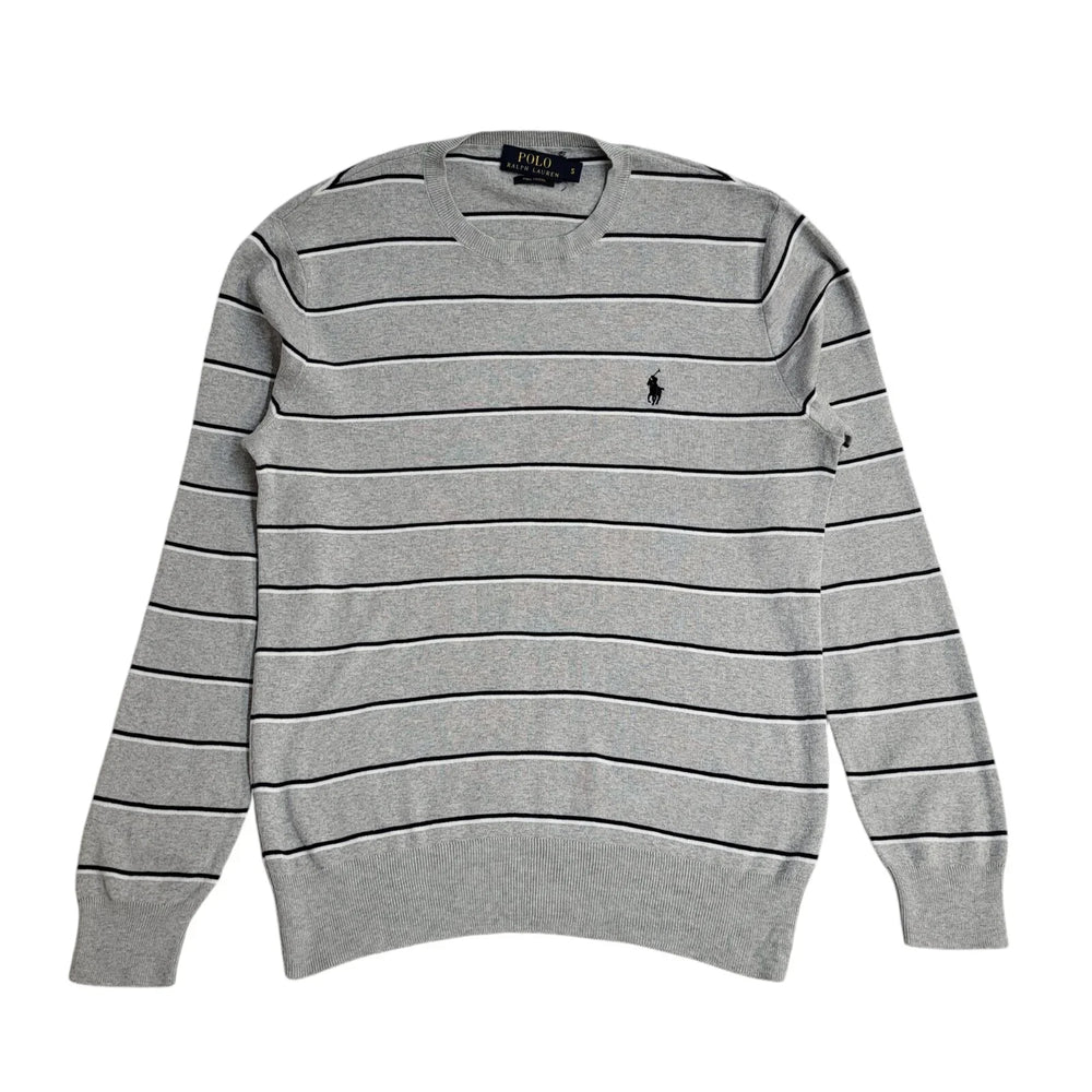 Polo Ralph Lauren Y2K Grey Striped Round Neck Long Sleeve Jumper Men's UK Size S