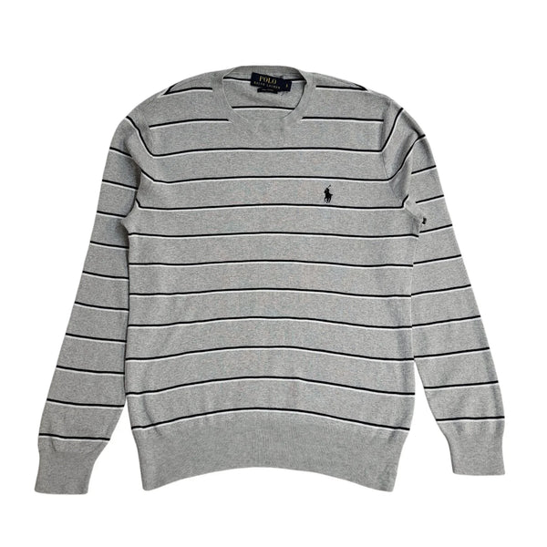 Polo Ralph Lauren Y2K Grey Striped Round Neck Long Sleeve Jumper Men's UK Size S